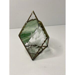 Stained Green Glass Tea Light Holder‎ Etched Glass Hummingbird Floral Design